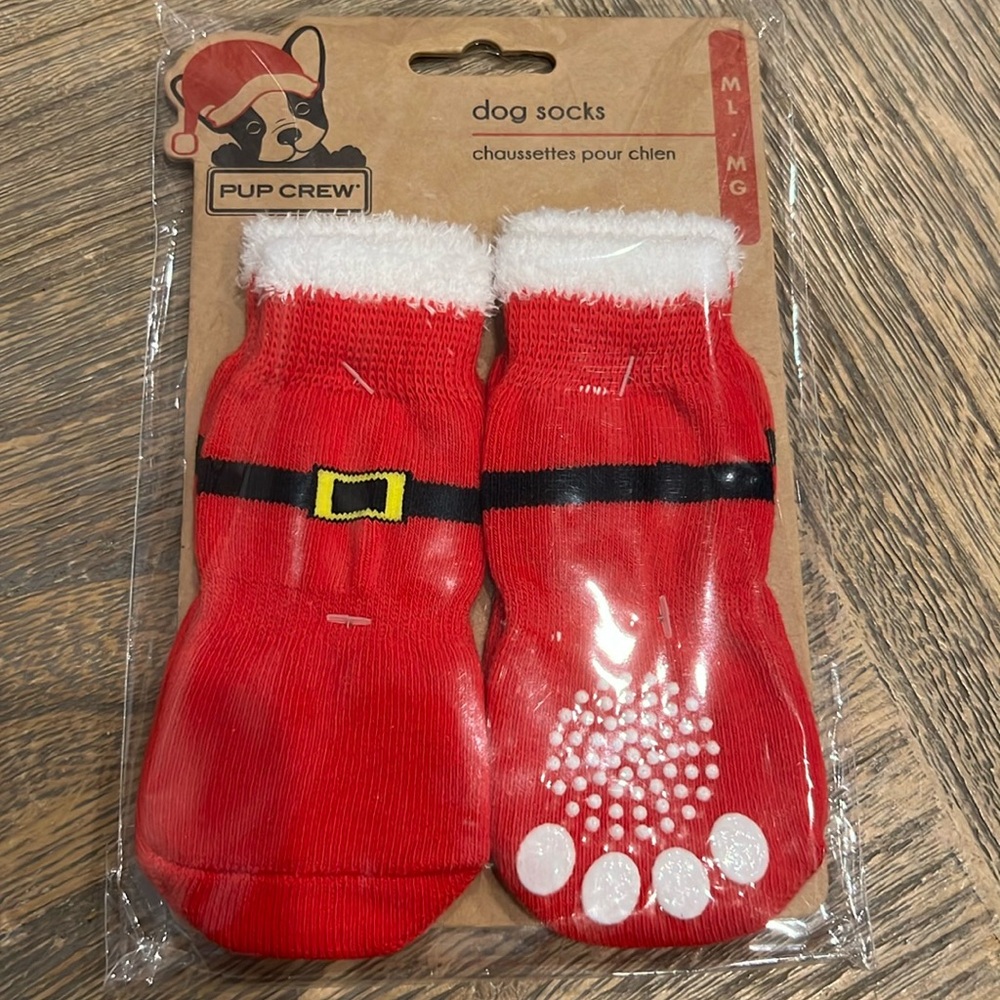 NWT Pup Crew Dog Socks - ML - Red with Santa Buckle